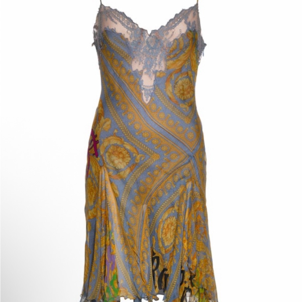 Versace baroque Patterned Slip Dress with lace ss2005